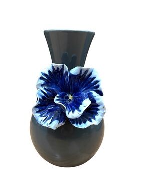 Anthropologie Grey Ceramic Vase with 3D Pansy